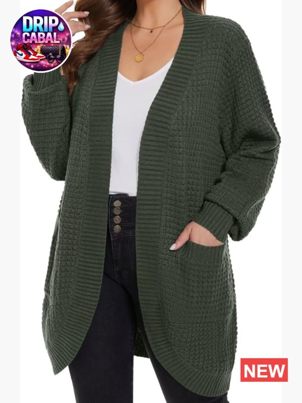Plus Size Open Front Cardigan Waffle Knit Long Sleeve Sweater with Pockets